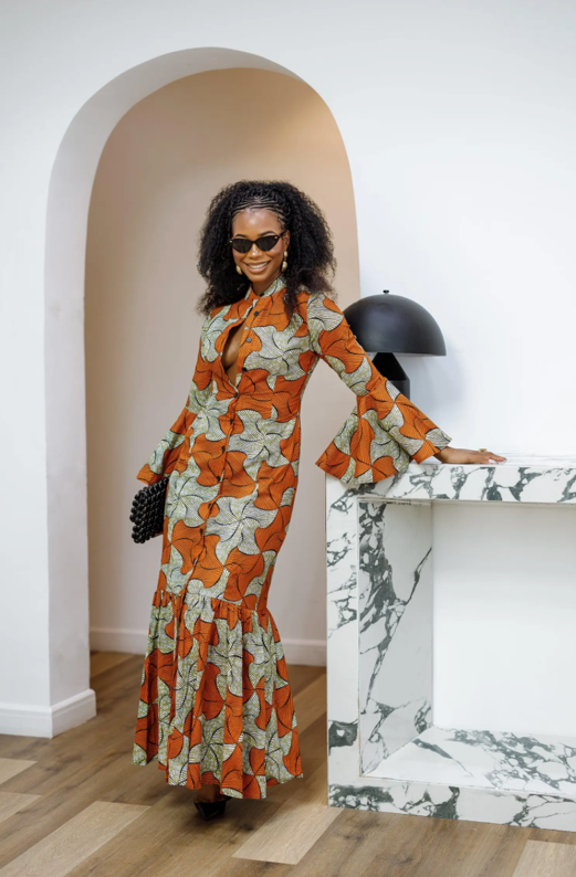 Vimbai african print flare sleeve maxi dress