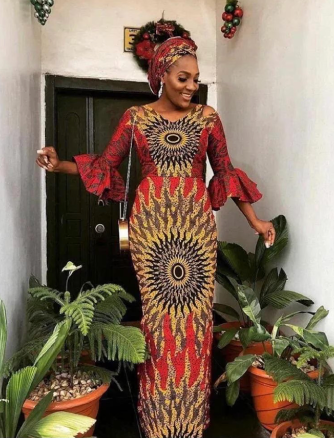 Red Long Sleeve African Ankara Print V-Neck Maxi Dress