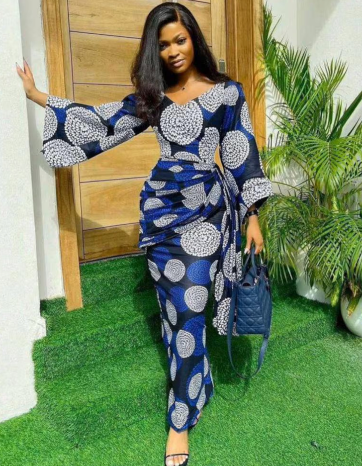 Blue White African Women Dress, Ankara Print Maxi Dress