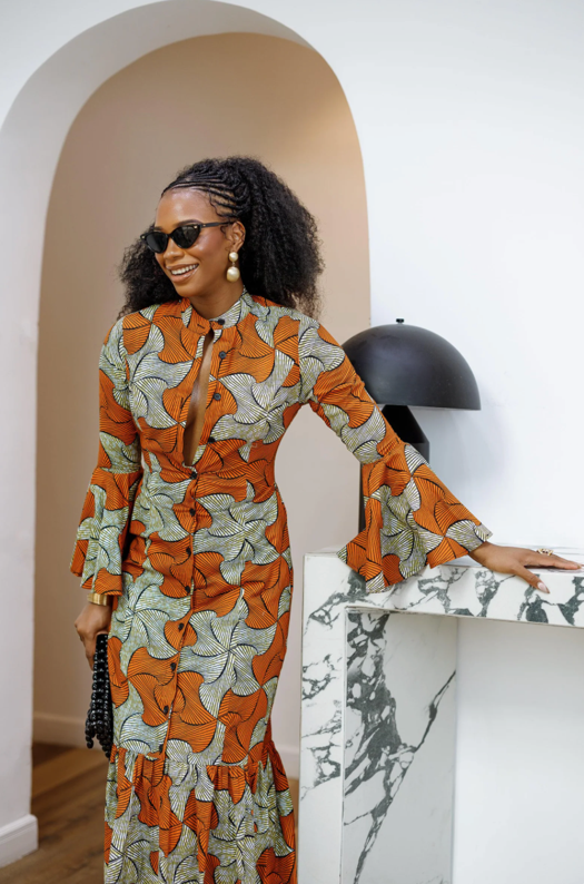 Vimbai African Print Flare Sleeve Maxi Dress
